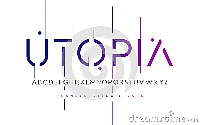 Rounded stencil san serif, alphabet, uppercase letters, typograp Vector Illustration