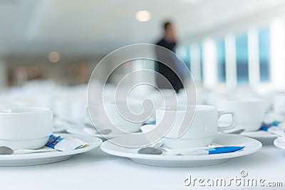 roup of empty Many rows of white ceramic coffee or tea cups Stock Photo