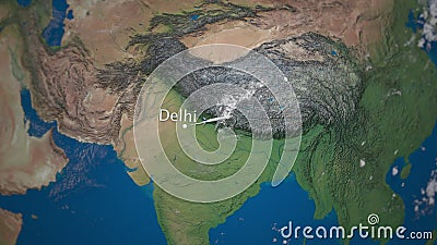 Route of commercial airplane flying from Delhi to Tokyo on the Earth globe. International trip intro animation Stock Photo