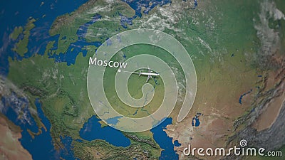 Route of commercial airplane flying from Moscow to Tokyo on the Earth globe. International trip intro animation Stock Photo