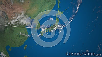 Route of commercial airplane flying to Tokyo on the Earth globe. International trip 3D rendering Stock Photo