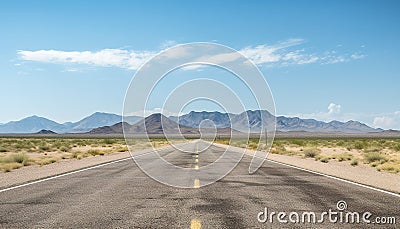 Route 66 highway road at midday clear sky desert mountains background landscape Stock Photo