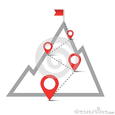 Route on Hill with Pins. Flag on Top of the Mountain Vector Illustration