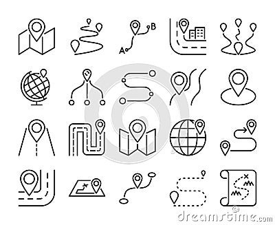 Route icon. Road map line icons set. Vector illustration. Vector Illustration