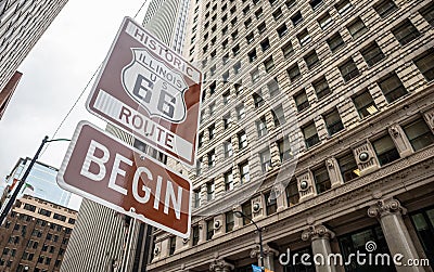 Route 66 Illinois Begin road sign, the historic roadtrip in USA Editorial Stock Photo