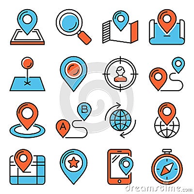 Route Location Icons Set on White Background. Vector Cartoon Illustration