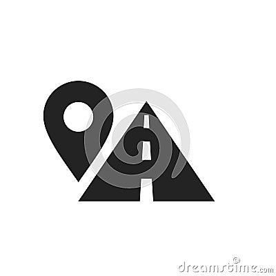 Route location symbol, map pin sign and road, black icon Vector Illustration