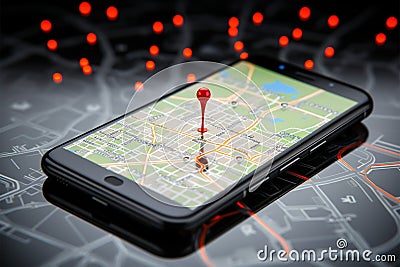 Route mapped. Smartphone screen features red pointers indicating navigation path Stock Photo