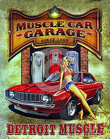 Route 66, Muscle Car Garage Sign Editorial Stock Photo