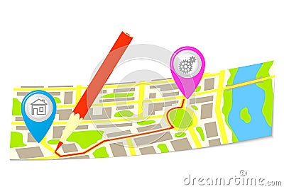 The route and pencil on the map of the city. Vector Illustration
