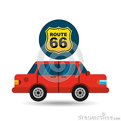 Route 66 road sign sedan red Vector Illustration