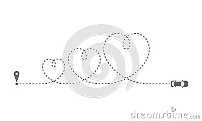 Route of the car as dotted line in the form some hearts Cartoon Illustration