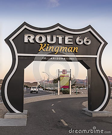 Route 66 Sign stands over a bicycle path Editorial Stock Photo