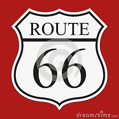 Route 66 sign with shadow on a red background Vector Illustration