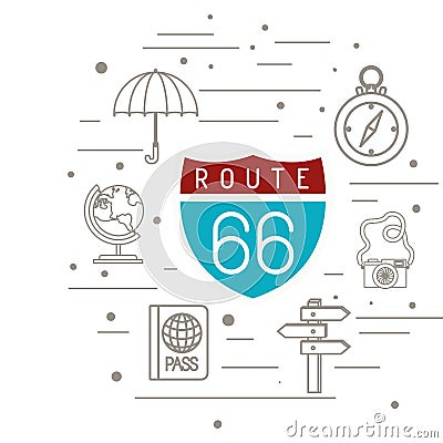 Route 66 signal with travel set icons Vector Illustration