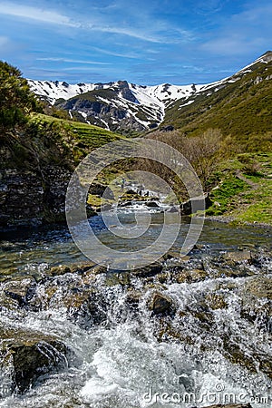 route of the waterfalls of the river Faro, hiking mountain water north spain landscape Valley through Redipuertas, Leon Stock Photo