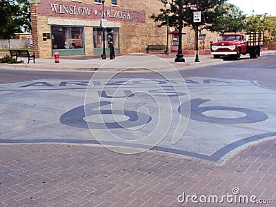 Route 66 in Winslow , Arizona . Painted on the street . A great town to stop in . Editorial Stock Photo