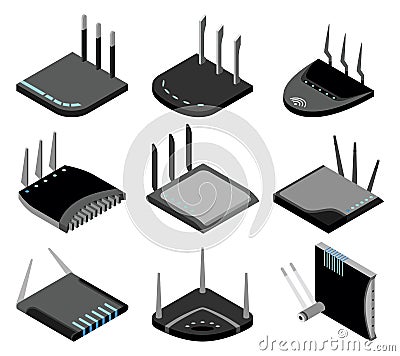 Router isometric icons set. Vector wifi routers, internet modem for web design isolated on white background Vector Illustration
