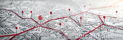 Routes with red pins on a city map. Stock Photo