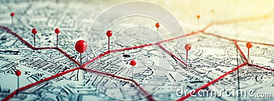 Routes with red pins on a city map. Concept on the adventure, discovery, navigation, communication, logistics, geography, Stock Photo