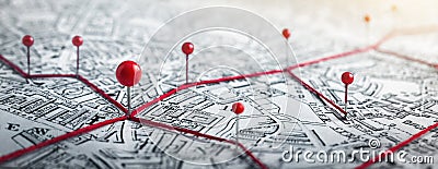 Routes with red pins on a city map. Concept on the adventure, discovery, navigation, communication, logistics, geography, Stock Photo