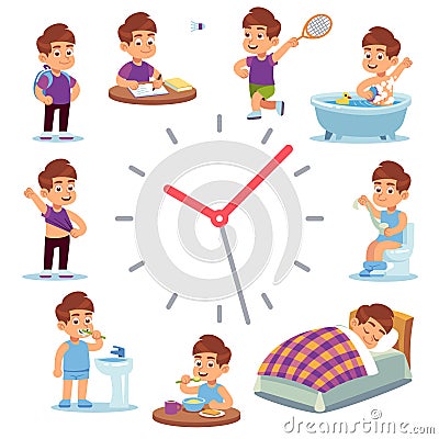 Daily routine clocks. Daily routine clocks. Schedule of happy boy life from morning breakfast at home eating school to Vector Illustration