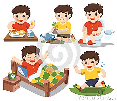 The daily routine of a cute boy on a white background. Vector Illustration
