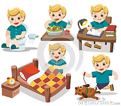 The daily routine of A cute boy. Vector Illustration