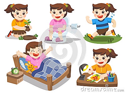 The daily routine of a cute girl on a white background. Vector Illustration