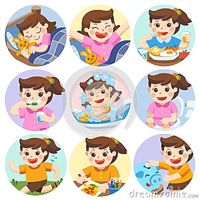 The daily routine of a cute girl on a white background. Vector Illustration