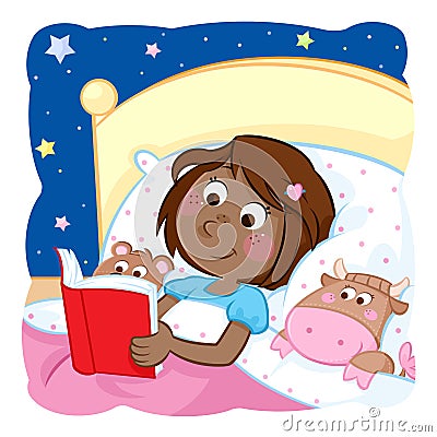 Adorable little black girl reading bedtime story to her funny toys Stock Photo