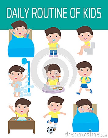 Daily routine of happy kids. infographic element. Health and hygiene, daily routines for children, Vector Illustration. Vector Illustration