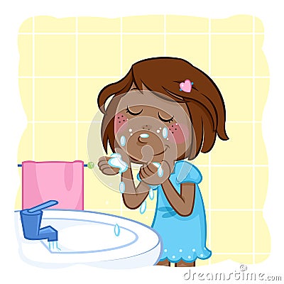 Lovely little black girl with dark brown hair - washing face Cartoon Illustration