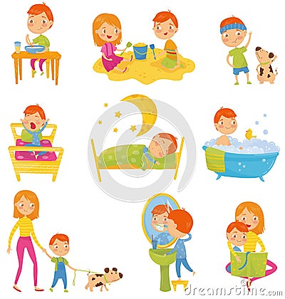 Daily routine of little boy. Kid eating breakfast, playing, doing physical exercises, waking up, sleeping, taking bath Vector Illustration