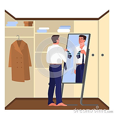 Daily routine of a man. Guy dressing up in the morning to go to work. Vector Illustration