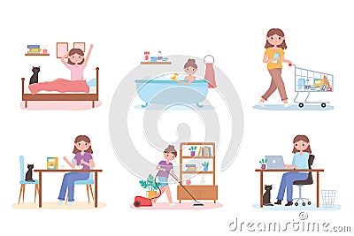 Daily routine scene with people cooking, take bath, working and cleaning home Vector Illustration