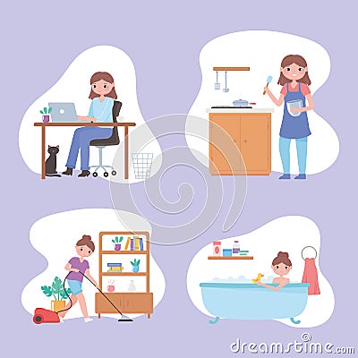 Daily routine scene, people cooking, take bath, working, cleaning home Vector Illustration
