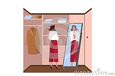 Daily routine of a young woman. Businesswoman dressing up in the wardrobe Vector Illustration