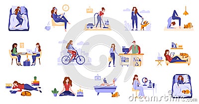 Daily routine of a young woman Vector Illustration