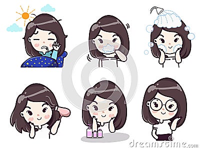 Daily routines of girls each day Vector Illustration