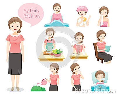 The Daily Routines Of Old Woman Vector Illustration