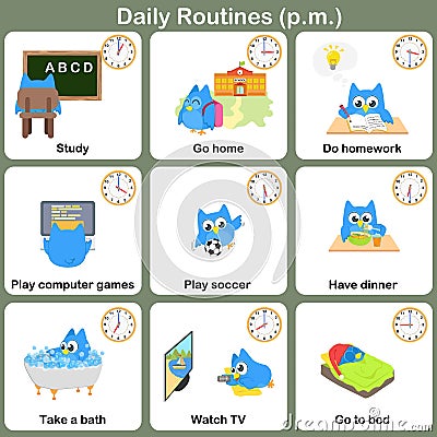 Daily Routines at p. m. sheet. - Worksheet Vector Illustration