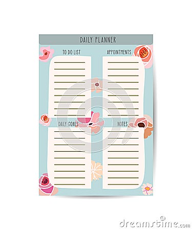 Daily Routines planner template with floral design. Planner with space for notes, to do and habit and water tracker Vector Illustration