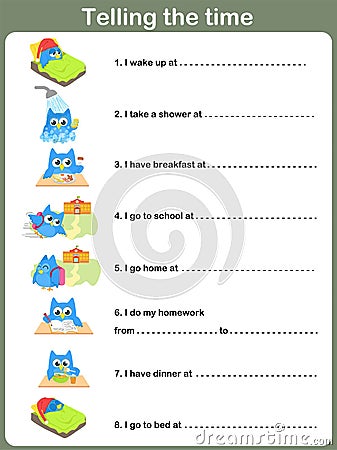 Daily Routines Worksheet. - Telling the time Vector Illustration