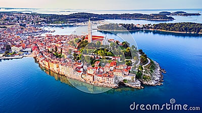 Rovinj, Croatia - Aerial drone view of historical Istria city Stock Photo