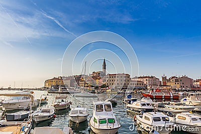 ROVINJ, CROATIA - September 15: Small boats inside the harbor of an old Venetian town, Rovinj, Croatia Editorial Stock Photo