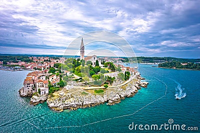 Rovinj waterfront. Town of Rovinj historic peninsula aerial view, famous tourist destination Stock Photo