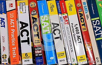 Row of ACT and SAT books contain standardized practice tests for university admissions in USA Editorial Stock Photo