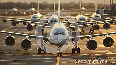 A row of airplanes parked in airport. Vanishing point image of endless row of passenger jets Stock Photo