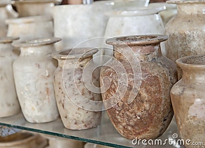 Row of alabaster vases at an egyptian market Stock Photo